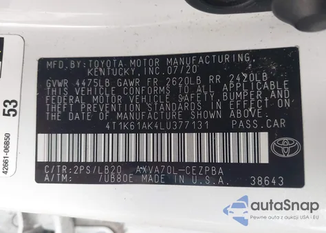 2020 Toyota Camry Xse из США, поврежденный, VIN 4T1K61AK4LU377131